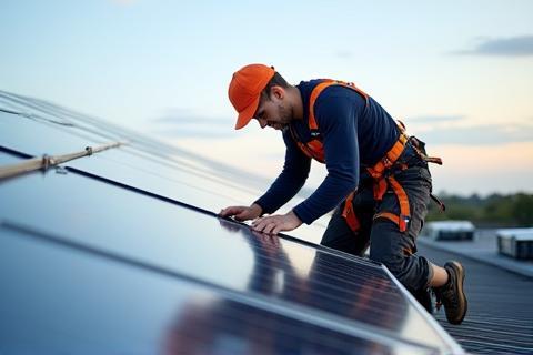 Technician maintaining solar panels on a roof